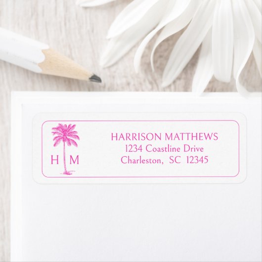Roze en witte kust Palmetto Palm-monogram Etiket (Insitu)