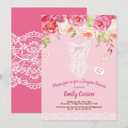Roze en witte lace lingerie douchebridal party kaart (Voorkant / Achterkant)