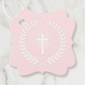 Roze en Witte Laurel Religieus met Kruis Bedankjes Labels (Voorkant)