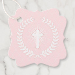 Roze en Witte Laurel Religieus met Kruis Bedankjes Labels