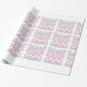 Roze en Witte Liefdesvogels en Harten Cadeaupapier