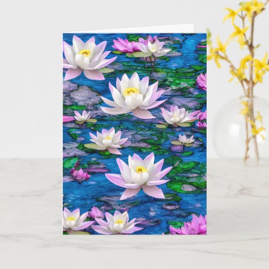 Roze en witte Lotus bloem in blauw platform Kaart (Gele Bloem)
