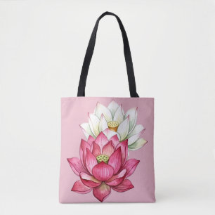 Roze en Witte Lotus Bloesem Waterverf Tote Bag