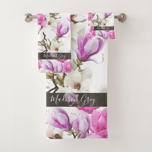 Roze en witte Magnolia Blossom Waterverf Patroon Bad Handdoek (Insitu)