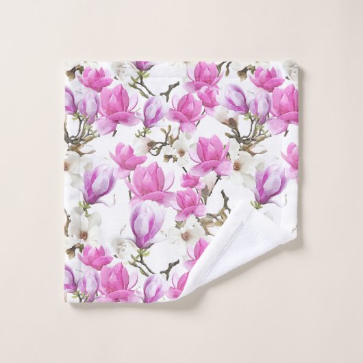 Roze en witte Magnolia Blossom Waterverf Patroon Bad Handdoek (Wasdoekje)