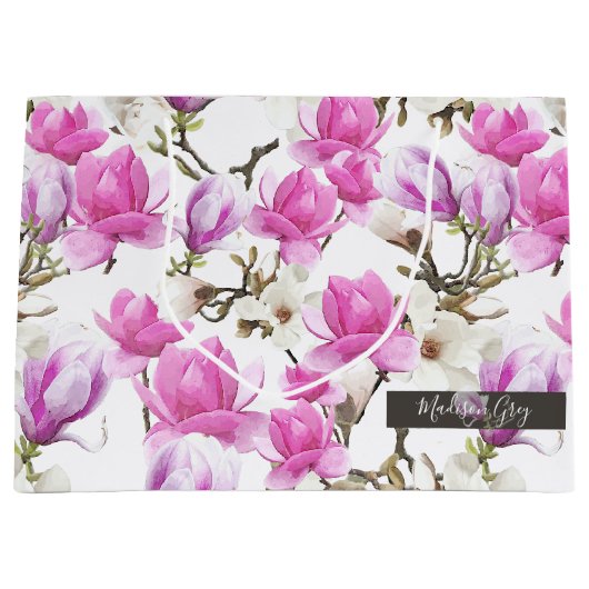 Roze en witte Magnolia Blossom Waterverf Patroon Groot Cadeauzakje (Voorkant)