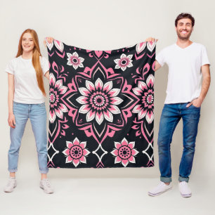 Roze en witte mandala op zwarte achtergrond fleece deken
