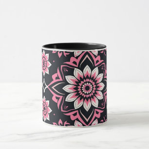 Roze en witte mandala op zwarte achtergrond mok
