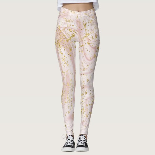 Roze en witte marmer Gold Glitter Leggings (Voorkant)
