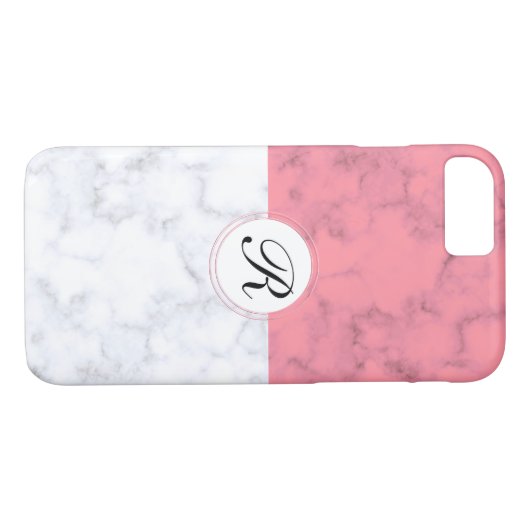 Roze en witte marmer met aangepaste Initiaal Lette Case-Mate iPhone Case (Achterkant (Horizontaal))