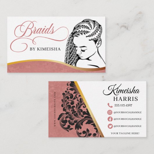 Roze en witte moderne haarvlecht Salon Business Visitekaartje (Voorkant / Achterkant)