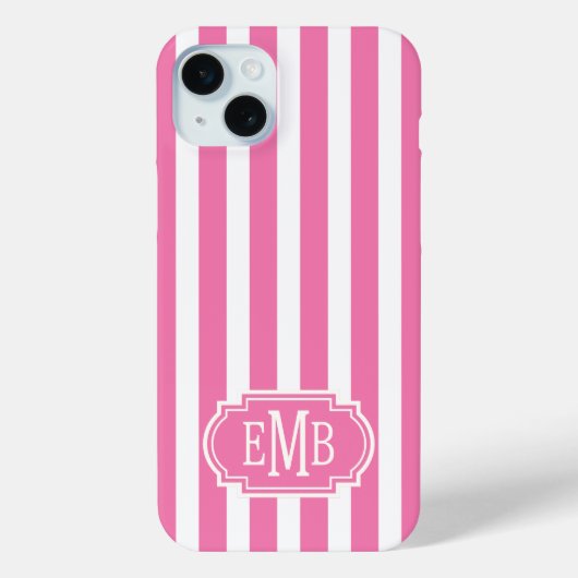 Roze en Witte Monogram Strepen Case-Mate iPhone Case (Achterkant)