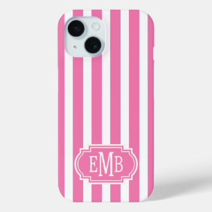 Roze en Witte Monogram Strepen iPhone 15 Case