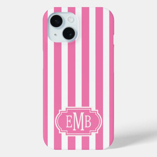 Roze en Witte Monogram Strepen Case-Mate iPhone Case (Achterkant)