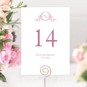 Roze en Witte Monogram Tafelnummer Trouwfeest