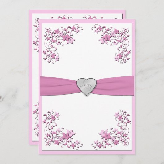 Roze en Witte Monogrammed Uitnodiging (Voorkant / Achterkant)