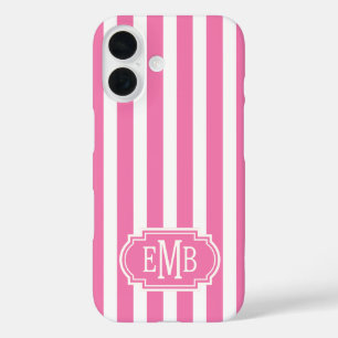 Roze en witte monogramstrepen iPhone 16 hoesje