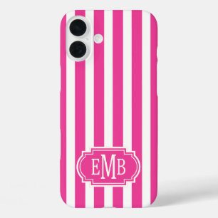 Roze en witte monogramstrepen iPhone 16 plus hoesje