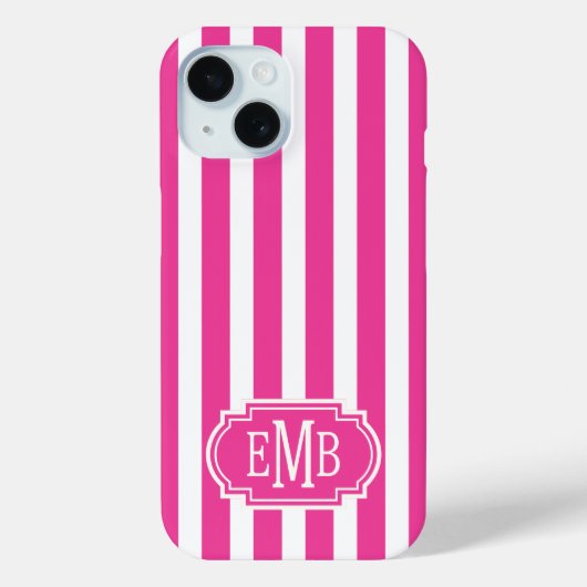Roze en witte monogramstrepen Case-Mate iPhone case (Achterkant)