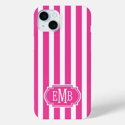Roze en witte monogramstrepen Case-Mate iPhone case (Achterkant)