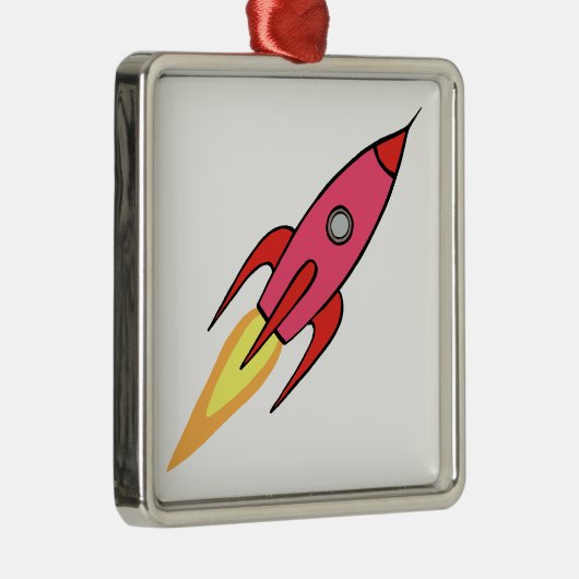 Roze en witte neerslag Rocketship Cartoon Design Metalen Ornament (Rechts)