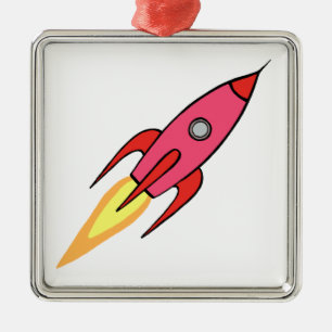 Roze en witte neerslag Rocketship Cartoon Design Metalen Ornament