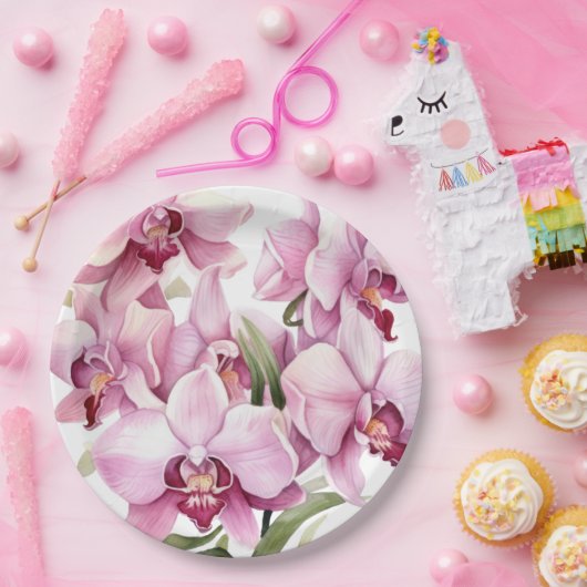 Roze en witte orchideeën bruiloft papieren bordje (Feest)