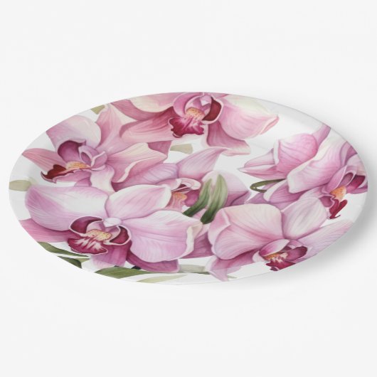 Roze en witte orchideeën bruiloft papieren bordje (Gekanteld)