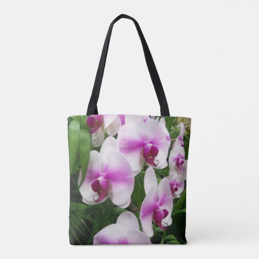 Roze en witte orchideeën, overal bedrukt tote bag (Achterkant)