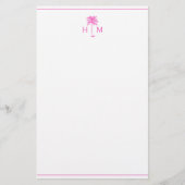 Roze en Witte Palm Palmetto Boom Monogram Briefpapier (Voorkant)