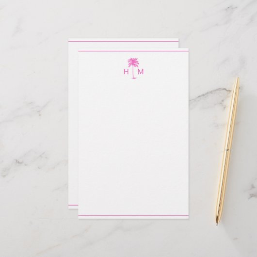 Roze en Witte Palm Palmetto Boom Monogram Briefpapier (Voorkant / Achterkant in situ)