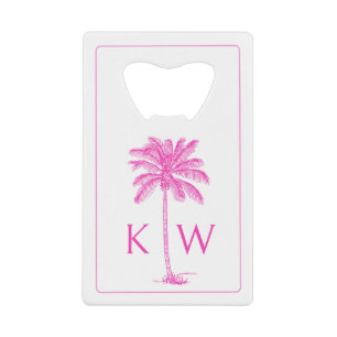 Roze en Witte Palm Palmetto Boom Monogram Creditkaart Flessenopener