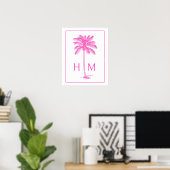 Roze en Witte Palm Palmetto Boom Monogram Poster (Thuiskantoor)