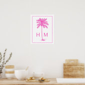 Roze en Witte Palm Palmetto Boom Monogram Poster (Keuken)