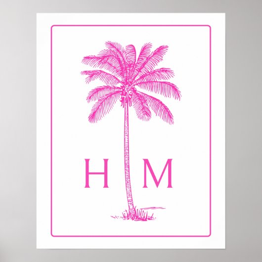 Roze en Witte Palm Palmetto Boom Monogram Poster (Voorkant)