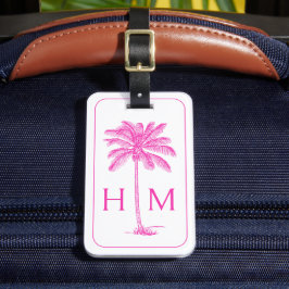 Roze en Witte Palmboom Monogram Bagagelabel