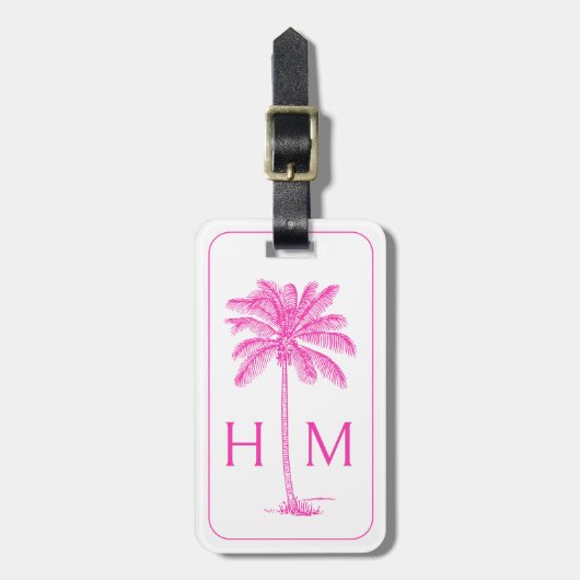 Roze en Witte Palmboom Monogram Bagagelabel (Voorkant verticaal)