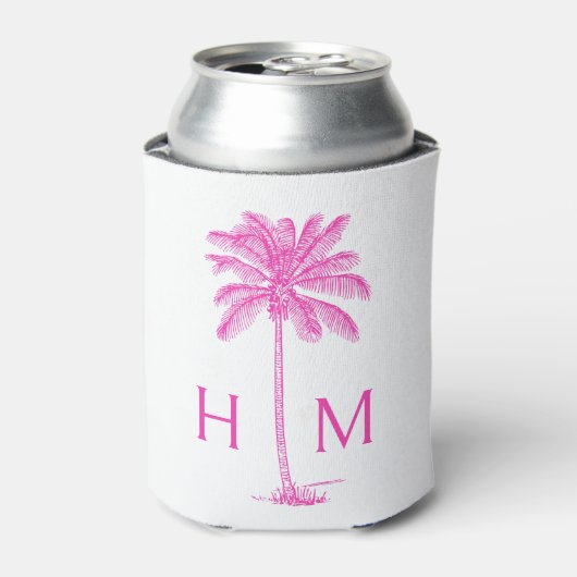 Roze en Witte Palmboom Monogram Blikjeskoeler (Blikje Voorkant)