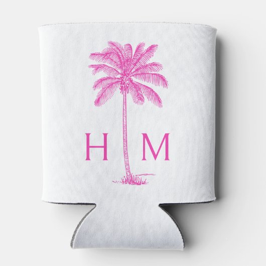 Roze en Witte Palmboom Monogram Blikjeskoeler (Achterkant)