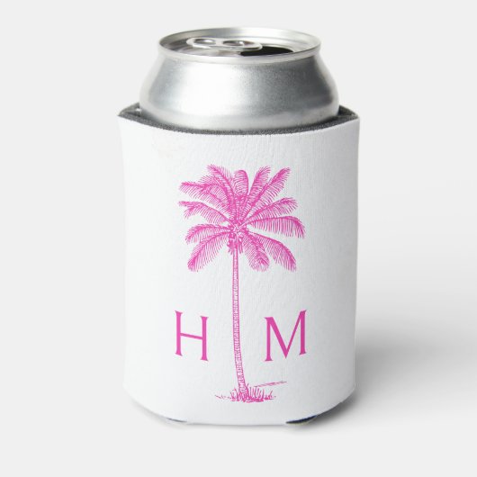 Roze en Witte Palmboom Monogram Blikjeskoeler (Blikje Achterkant)