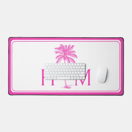 Roze en Witte Palmboom Monogram Bureaumat (Keyboard & Muis)