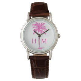Roze en Witte Palmboom Monogram Horloge