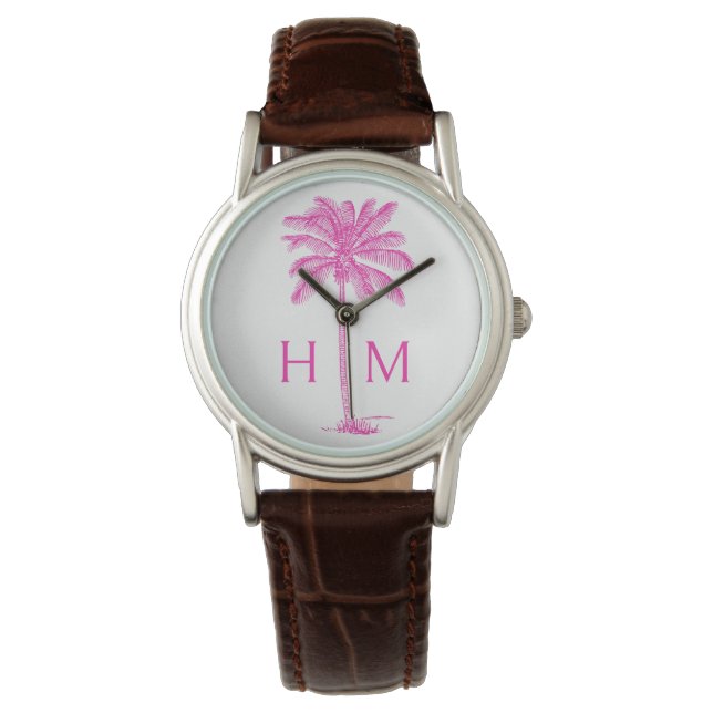 Roze en Witte Palmboom Monogram Horloge (Voorkant)