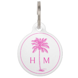 Roze en Witte Palmboom Monogram Huisdierpenning