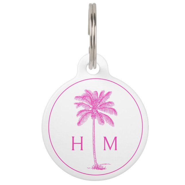 Roze en Witte Palmboom Monogram Huisdierpenning (Voorkant)