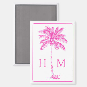 Roze en Witte Palmboom Monogram Magneet