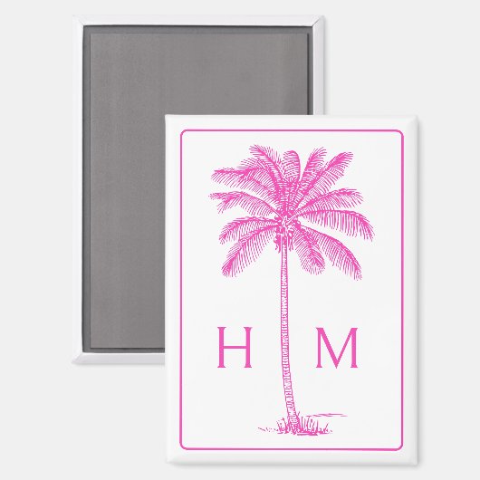 Roze en Witte Palmboom Monogram Magneet (Voorkant / Achterkant)