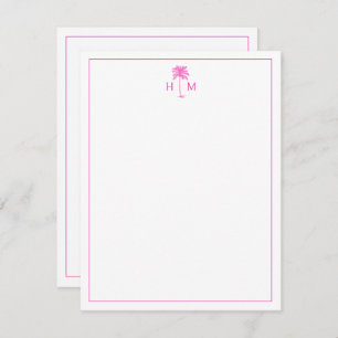 Roze en Witte Palmboom Monogram Notitiekaartje