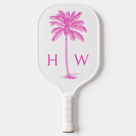 Roze en Witte Palmboom Monogram Pickleball Paddle (Voorkant)
