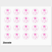 Roze en Witte Palmboom Monogram Ronde Sticker (Vel)